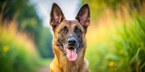 Adorable Belgian Malinois dog showcases its intelligent and cheerful personality, ears perked up and tongue out, while on a leisurely walk outdoors in natural light.