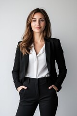 2:3 Professional Full-body shot Portrait of Confident Businesswoman Against Plain Background. Empowered Female Executive Exuding Leadership and Professionalism,  for Corporate Branding and Marketing.