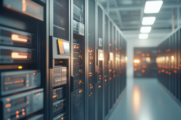 Photo of many server racks in a server room.  Modern server room with rows of network servers and data storage units, highlighting advanced technology and data management.  Technology background