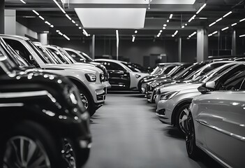Fototapeta premium parking car black dealership style white duty supermarket mall bw export import sun sunny lot place area blur summer european sharpened selective bokeh grey fferent leasing trade