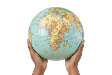Hands holding a globe showing continents and oceans. PNG image