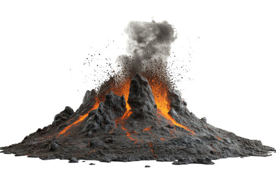 Exploding volcano with lava and smoke isolated on white. PNG image
