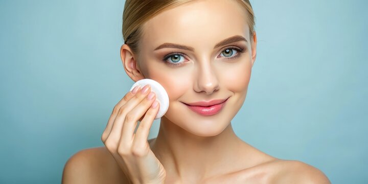 Fresh-faced young woman with radiant complexion gently applies toner to her skin, exemplifying natural beauty, effective skincare, and cosmetology best practices in a studio setting.