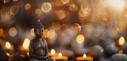 Serene Buddha Statue Surrounded By Soft Candlelight During Evening Meditation