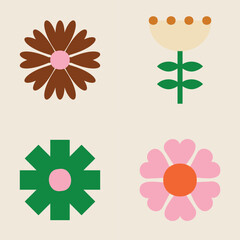 70s Retro Floral Bundle Set, icon clipart bundle set