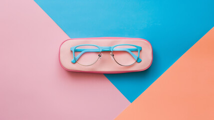 Light blue eyeglasses rest on a pastel pink case against a modern geometric background of blue and pink.