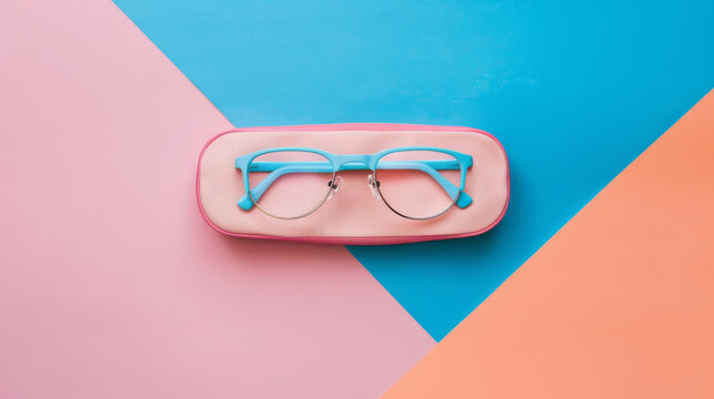 Light blue eyeglasses rest on a pastel pink case against a modern geometric background of blue and pink.