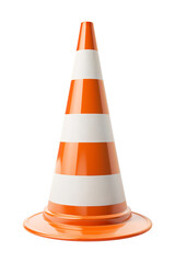 An orange traffic cone with white stripes, isolated against a transparent background