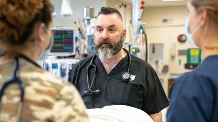 Obraz premium Hands on adaptive equipment training session with healthcare professionals providing patient instruction in a hospital or clinic environment