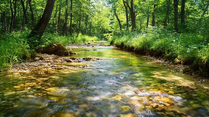Obraz premium Serene Stream Through the Forest: A tranquil scene of a sun-dappled forest, with a clear stream winding its way through the verdant foliage. 