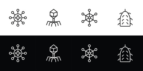 Virus type icon set. Flat design symbol collection isolated on black and white background.