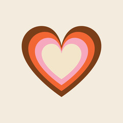 A retro-inspired layered heart icon featuring concentric layers of pink, red, and brown, with a flat, symmetrical design. Perfect for vintage-themed graphics, love icons, or 70s-style art, vector icon