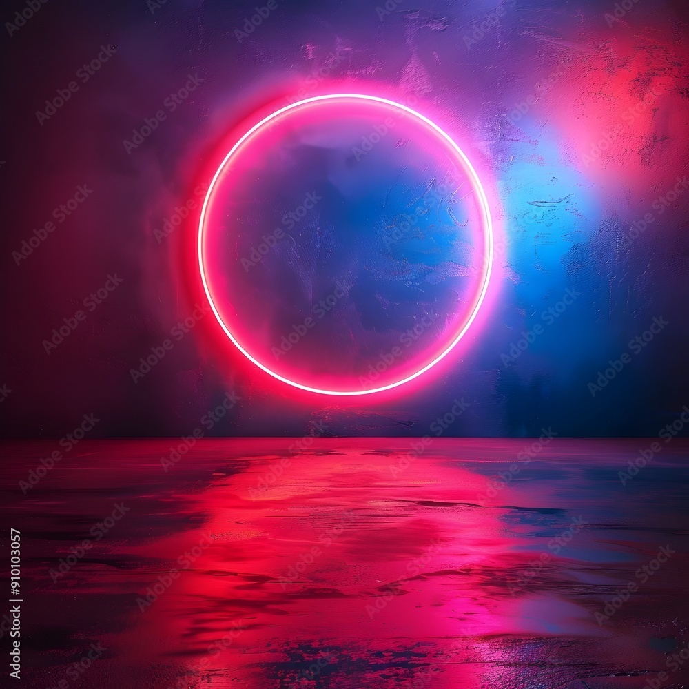 Poster glowing neon circle on moody gradient background with reflective surface