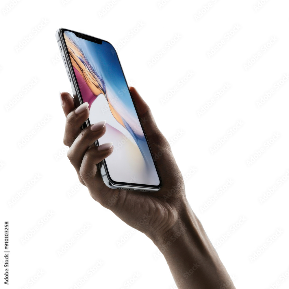 Poster a close-up photo of a hand holding a mobile phone against a transparent background for ease of use. 