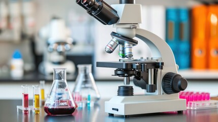 microscope with laboratory glassware in modern medical laboratory Generated AI
