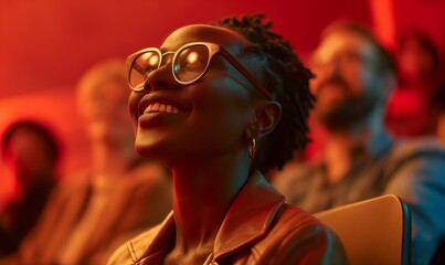cinematic commercial photography of african american woman with glasses smiling in cinema audience watching film with warm lighting