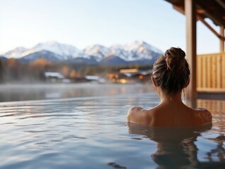 Fototapeta premium Tranquil Wellness Adventure: Traveler Relaxing in Hot Spring Amid Snowy Peaks