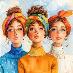 Three Women.  Generated image.  A digital illustration of three women with a pastel background in the style of Feminist art.