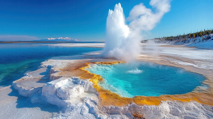 Fototapeta premium Geyser eruption, hot water spouting from ground