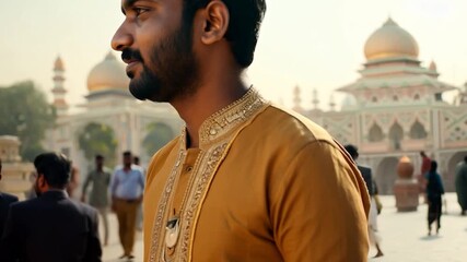 A man in a traditional outfit observes visitors at a historic Indian temple under a clear blue sky