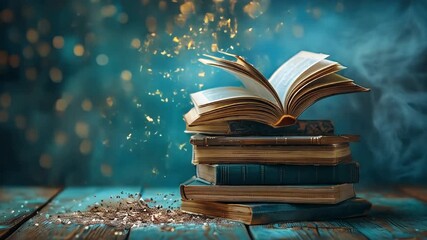 An enchanting display of books hovering with sparkles in a warm, international book day