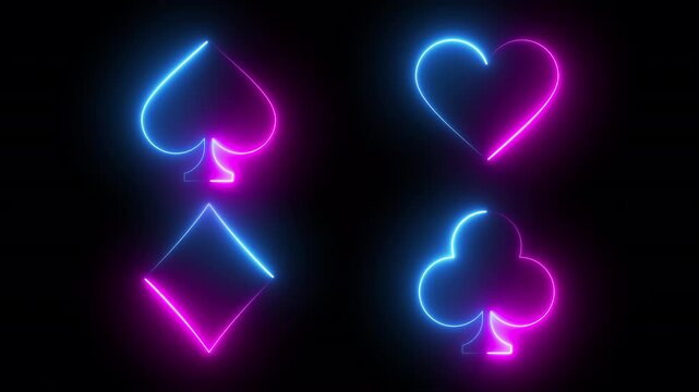 neon animation of four suits of playing cards spade heart diamond and club, 4k gambling animation