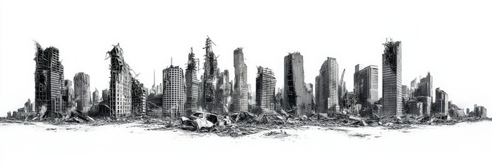 A panoramic view of a destroyed city skyline, depicting a scene of chaos and destruction. The image symbolizes urban decay, environmental disaster, war, and the fragility of civilization.