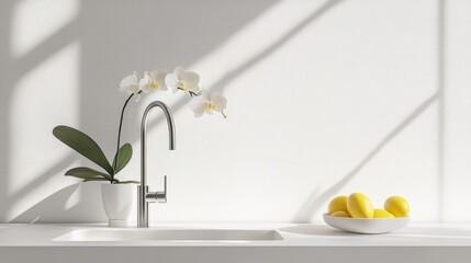 Modern kitchen interior with orchid bowl of lemons on countertop