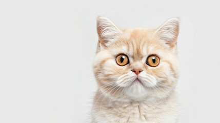 Fototapeta premium Front side close-up of a ginger kitten with wide, curious eyes, against a white background.