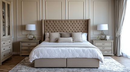 Stylish Bedroom Interior with Large Comfortable Bed and Chest of Drawers, Modern Home Decor, Cozy Sleeping Area, Elegant Bedroom Design, Contemporary Furniture, Inviting Sleep Space