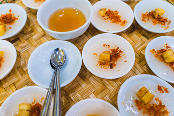 Rice steam in small porcelain cup (banh beo), Vietnam food, Selective focus