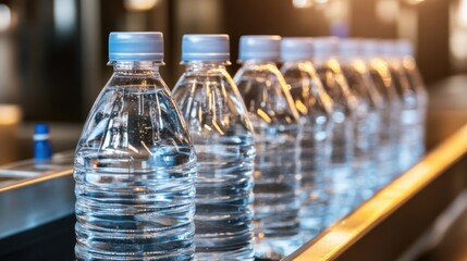 Rows of plastic water bottles on conveyor belt in factory