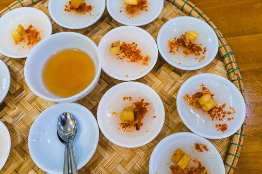 Rice steam in small porcelain cup (banh beo), Vietnam food, Selective focus