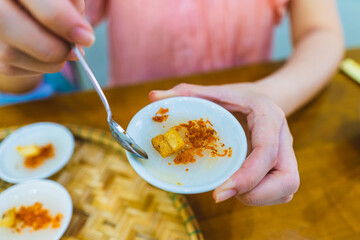 Rice steam in small porcelain cup (banh beo), Vietnam food, Selective focus