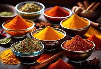 vibrant display colorful spices glass bowls creating artistic swirl rich hues textures, herbs, seasoning, culinary, aroma, mixture, pattern, design, ingredient