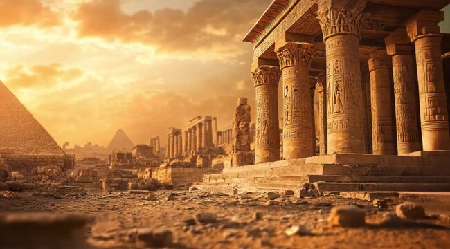 Scene of ruins of ancient Egyptian pyramid building, Camera slow motion with different angles