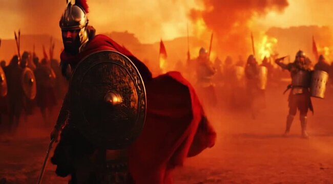 Persian warrior leader scene with his army in the background, Camera slow motion with different angles