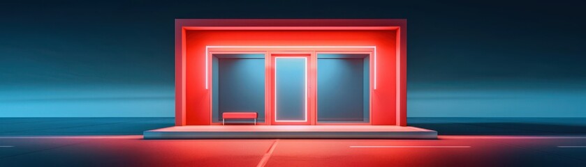 A modern red storefront illuminated with blue accents, showcasing contemporary architecture and design aesthetics.