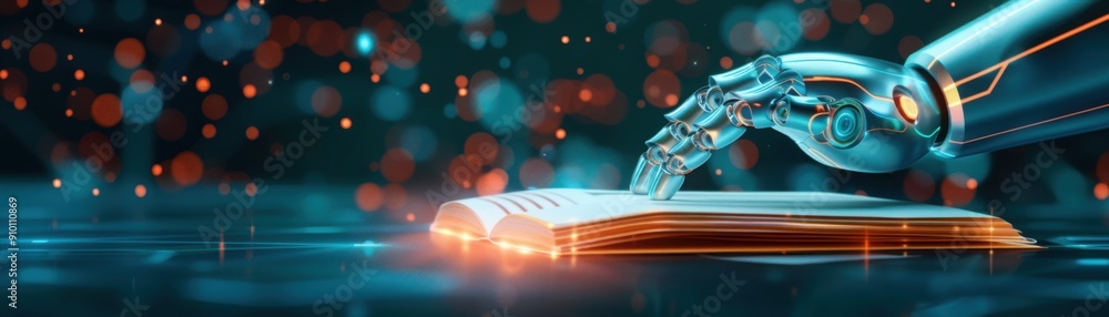 Poster futuristic robotic hand interacts with glowing surface, symbolizing technology and innovation in dig