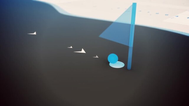 A game of golf in virtual reality with holographic interface elements. Looped animation of golfing, with club striking the ball and rolling it into the hole. False video game footage of playing hi-tec