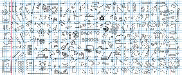 Set of hand drawn stationery designs on a squared notebook background. Back to school concept. School supplies in doodle style. Vector © OLiAN_ART