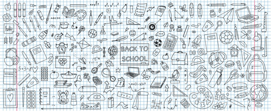 Set of hand drawn stationery designs on a squared notebook background. Back to school concept. School supplies in doodle style. Vector