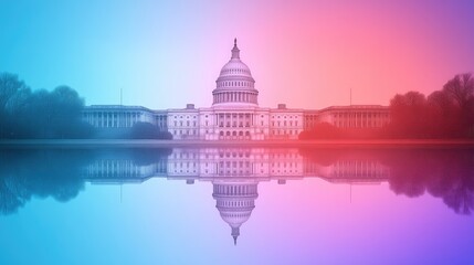 Fototapeta premium The United States Capitol building reflected in a calm pool of water, with a gradient background symbolizing political themes.