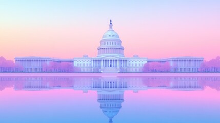 Fototapeta premium The United States Capitol building reflected in a calm pool of water, with a gradient background symbolizing political themes.