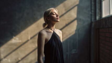 Fototapeta premium Indoor environmental portrait of a young blond woman illuminated by window light and wearing a black dress. Closed eyes. Short ponytail.