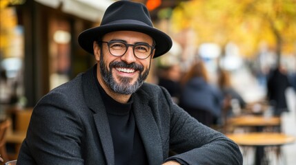 Stylish man smiling in urban autumn setting
