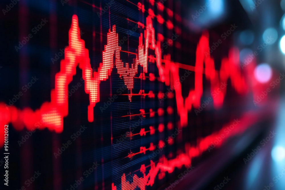 Poster dynamic red line graph showing data fluctuations, representing trends and analytics in a digital env
