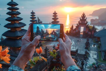 Capturing the Serene Sunset Over Oceanic Temple Landscape in Bali