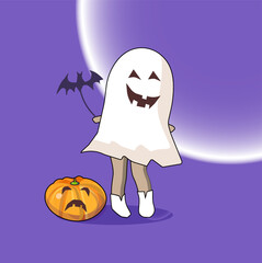 halloween costume spooky ghost with bat and scary pumpkin