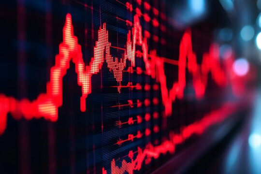 Dynamic red line graph showing data fluctuations, representing trends and analytics in a digital environment. - Powered by Adobe